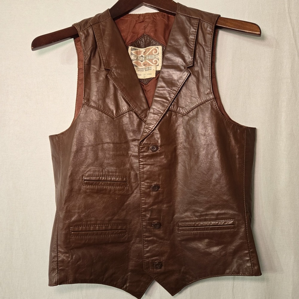 Vtg Pardners‎ Sheplers Rust Brown Leather Vest 38 Jacket Western Cowboy Frontier